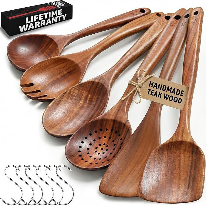 PriorityChef Wooden Spoons for Cooking, Premium 6pc Teak Wood Utensil Set with Hanging Hooks | Amazon (US)