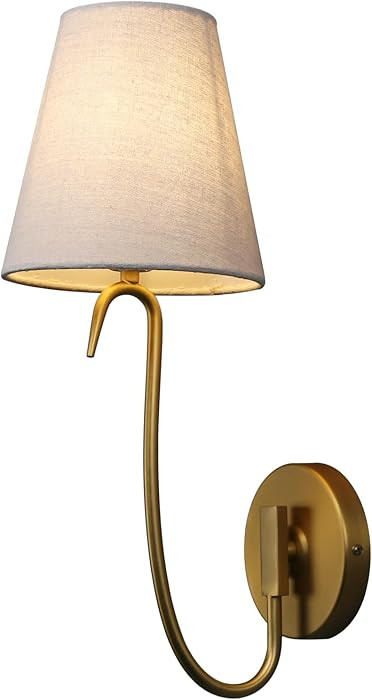 PERMO Single Sconce with Gooseneck curved rod Linen conical funnel fabric lampshade Gold | Amazon (CA)