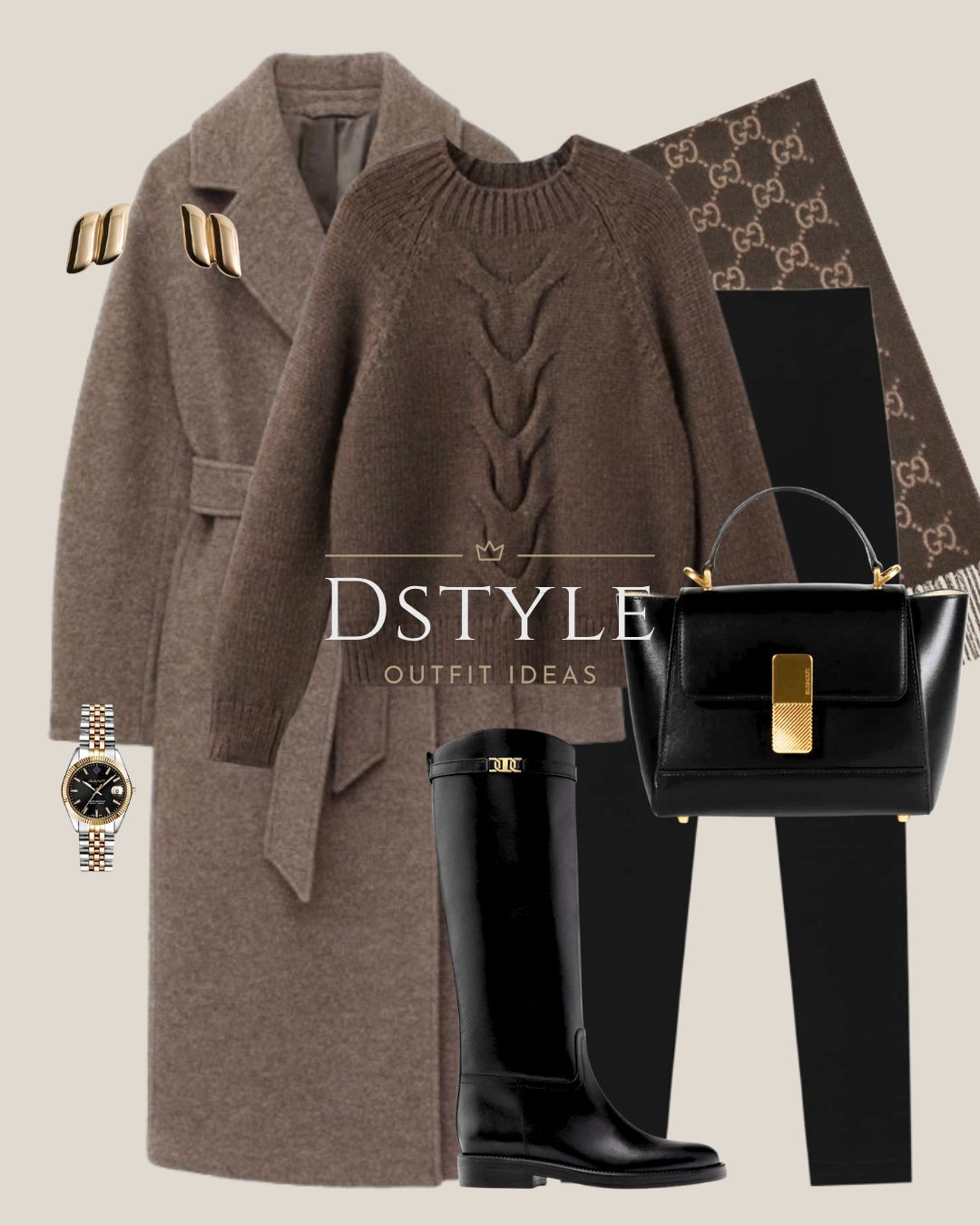 Rich Textures and the Perfect Winter Tonal Look 🤎🖤 This outfit is all about luxurious layers! The belted coat and chunky cable knit sweater create a beautiful, warm base. The perfect contrast comes from the accessories: this gorgeous black leather bag and those sleek black leather boots. Finished with that iconic Gucci scarf—shop this polished and weather-ready look! 

 #tonallook #cableknit #winterfashion #polishedstyle #blackbag #leatherboots #gucciscarf #designerscarf #ltkfashion #luxurybasics #LTKootd #LTKSeasonal