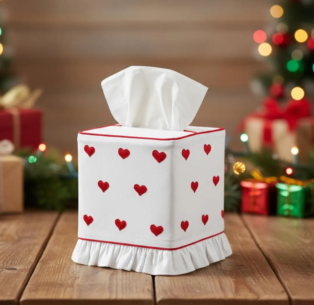 Red Heart Embroidered Cotton Tissue Box Cover,white Cover With Red Piping and Ruffled Edge, House... | Etsy (US)