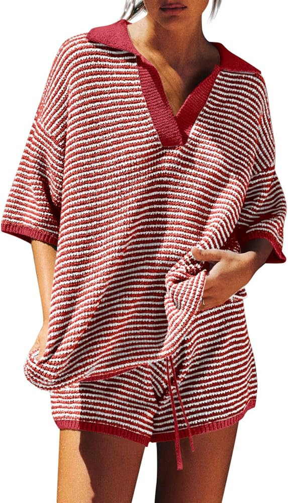 Tankaneo Womens Sweater Set 2 Piece Outfits Oversized 3/4 Sleeve V Neck Knit Tops High Waisted Sh... | Amazon (US)