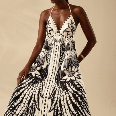 Women Vacation Tropical Boho Print Spaghetti Strap Lace Up Casual Beach Summer Maxi Dress | SHEIN