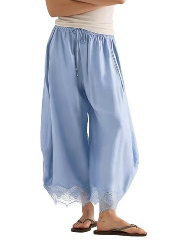 PUWEI Women's Cropped Lace-Hem Pants High Waisted Drawstring Wide Leg Pants Casual Lightweight Trousers with Pockets (LightBlue-XS) | Amazon (US)