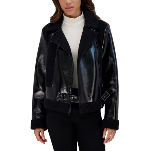 ANDREW MARC Women's Moto Faux Patent Leather Jacket, Black, Small | Amazon (US)