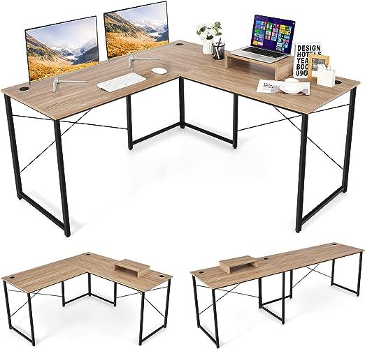 Tangkula L-Shaped Computer Desk, 95 Inch Reversible Corner Desk with Monitor Stand & 3 Cable Hole... | Amazon (US)