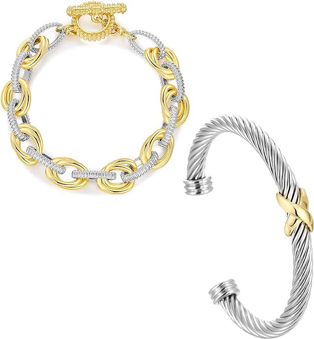 2 Pcs Cable Cuff Bracelets for Women Wire Twisted - Wire Cable Bangle Bracelets Gold and Silver -... | Amazon (US)