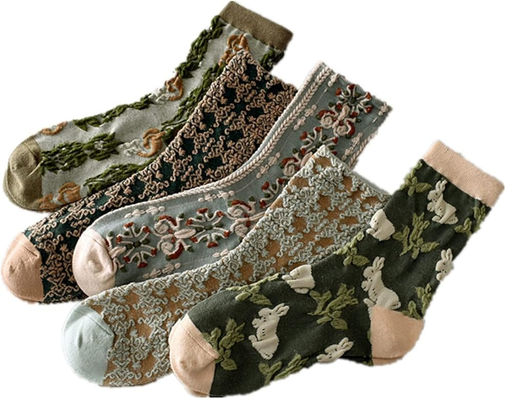 ZHITE 5 Pairs Floral Socks Women Nordic Stripe Textured Flower Cotton Socks, Girls Vintage Cute F... | Amazon (US)