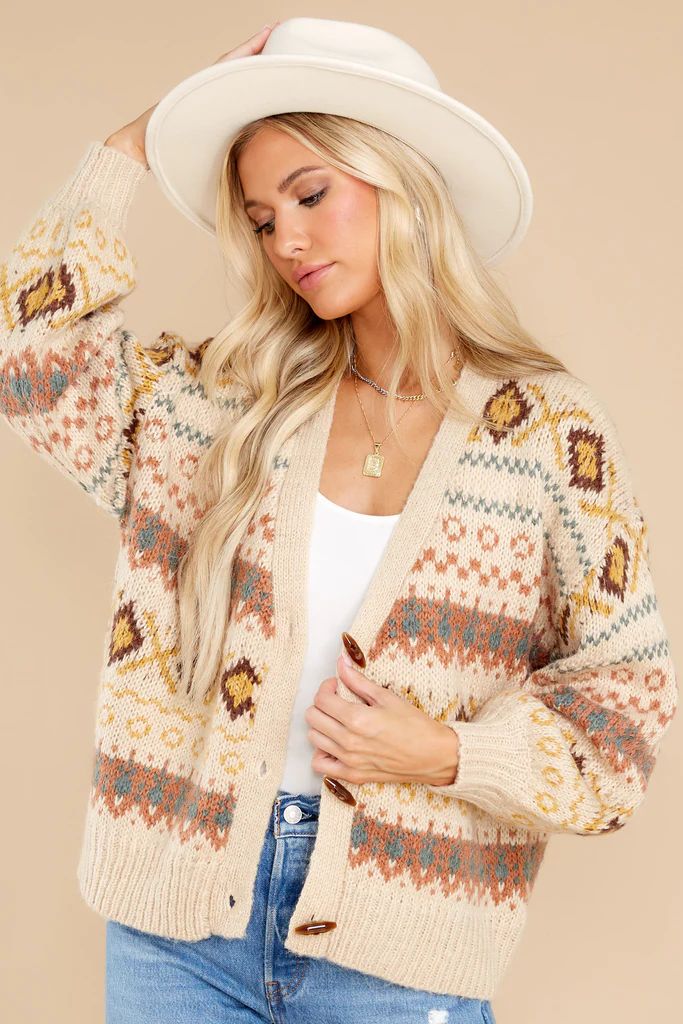 Fireside Memories Beige Multi Print Sweater Cardigan | Red Dress 