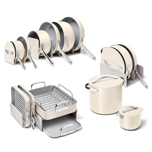 Caraway 31-Piece Ceramic Cookware Bundle - Fry Pans, Saucepans, Sauté Pan, Dutch Oven, Petite Cooker, Stir Fry, Rondeau, Stock Pot, Grill & Griddle Pans, Roasting Pan, Racks, Organizers - Cream | Amazon (US)