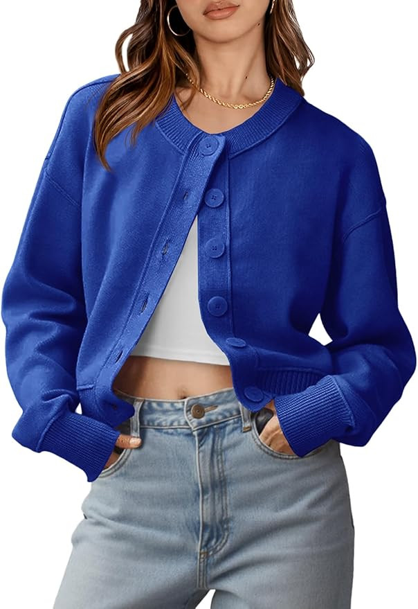 Saodimallsu Womens Button Up Cardigans Fall Trendy Crew Neck Long Sleeve Knit Cropped Sweater Jac... | Amazon (US)