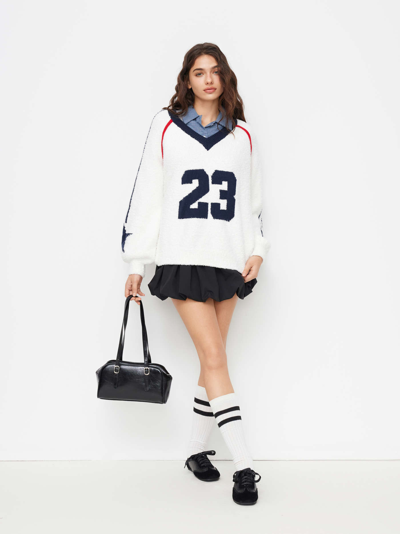 23 Knit Crochet V-neck Star Contrasting Binding Oversized Top | Cider