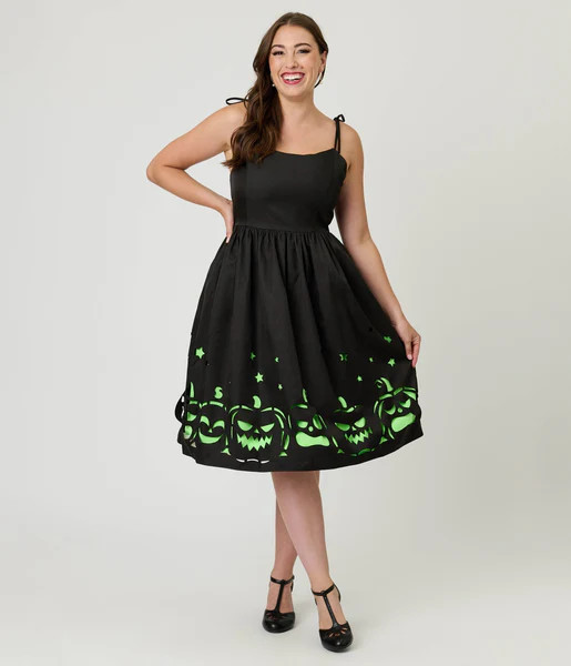 Unique Vintage Black & Green Jack-O-Lantern Cutout Swing Dress | UniqueVintage
