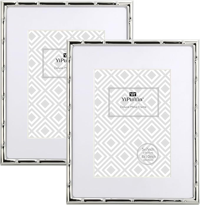 8x10'' Bamboo Detail Designs Silver Metal Picture Frame with Mat for 5x7'' Set of 2, Narrow Silve... | Amazon (US)