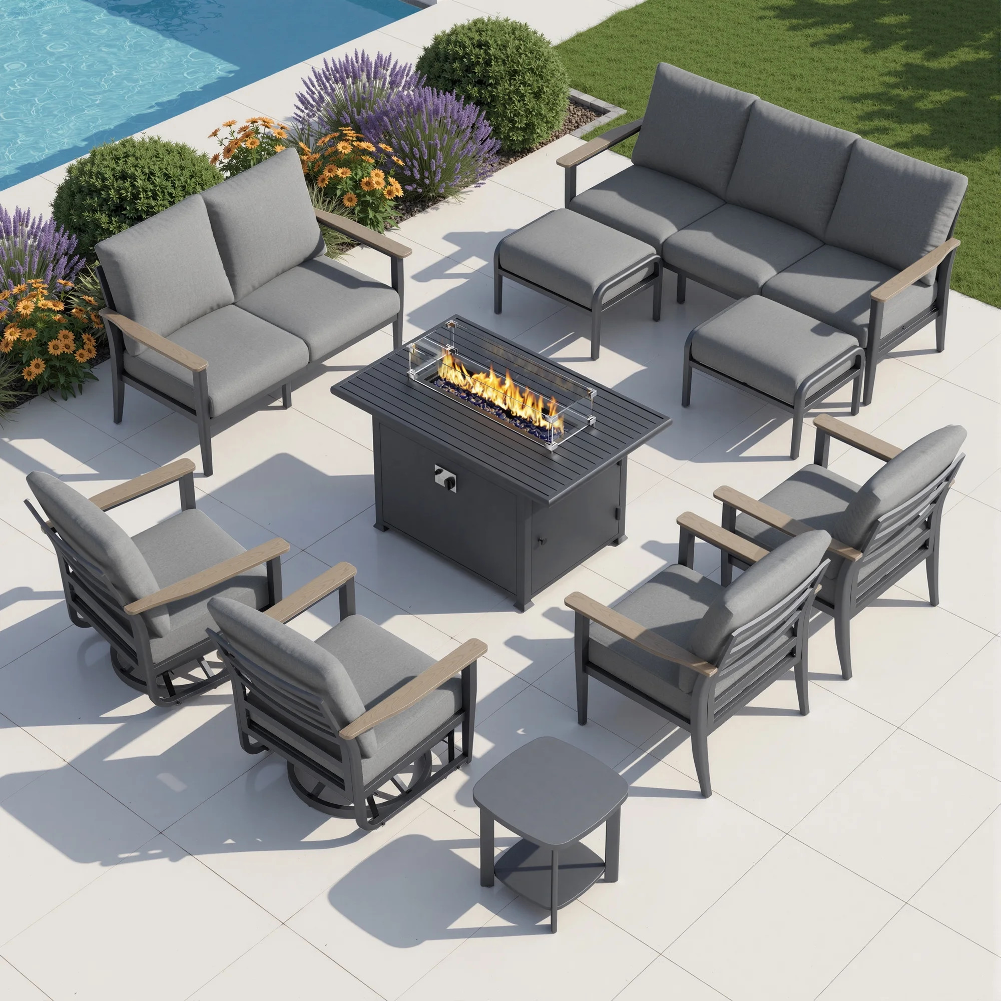 Muphyers 10 Piece Aluminum Outdoor Patio Furniture Set, 55000 BTU CSA Propane Fire Pit Table, 360... | Walmart (US)
