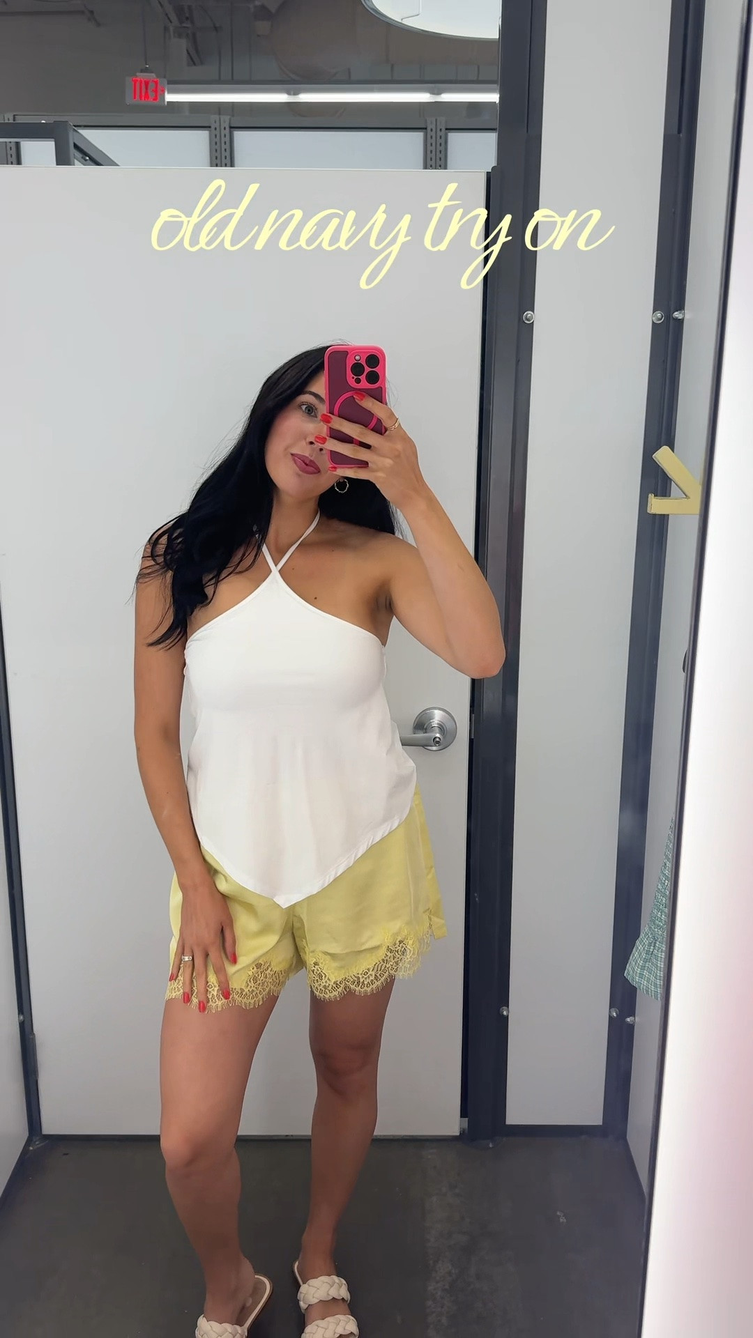 wearing a size S in everything! #oldnavy #tryon #butteryellow #satinshorts #vacationoutfits