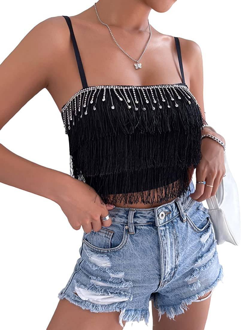 GORGLITTER Women's Rhinestone Fringe Crop Top Tassel Strappy Sleeveless Cami Camisole | Amazon (US)