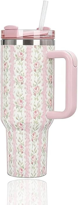 40 oz Flower Tumbler with Handle and Straw,Stainless Steel Insluated Cups Reusable Vacuum Travel ... | Amazon (US)
