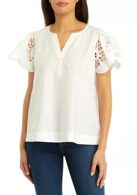 Crown & Ivy™ Women's Solid Embroidered Sleeve Top | Belk