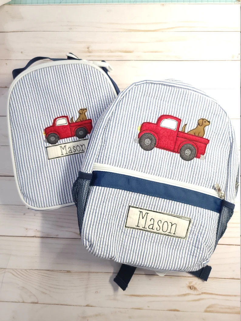 Personalized Seersucker Backpack Truck Applique Seersucker - Etsy | Etsy (US)