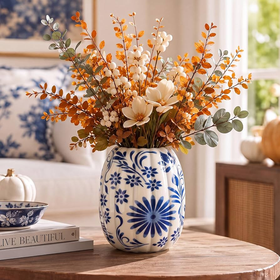 Rtteri 7 Inch Fall Ceramic Pumpkins Vase, Blue and White Chinoiserie | Amazon (US)
