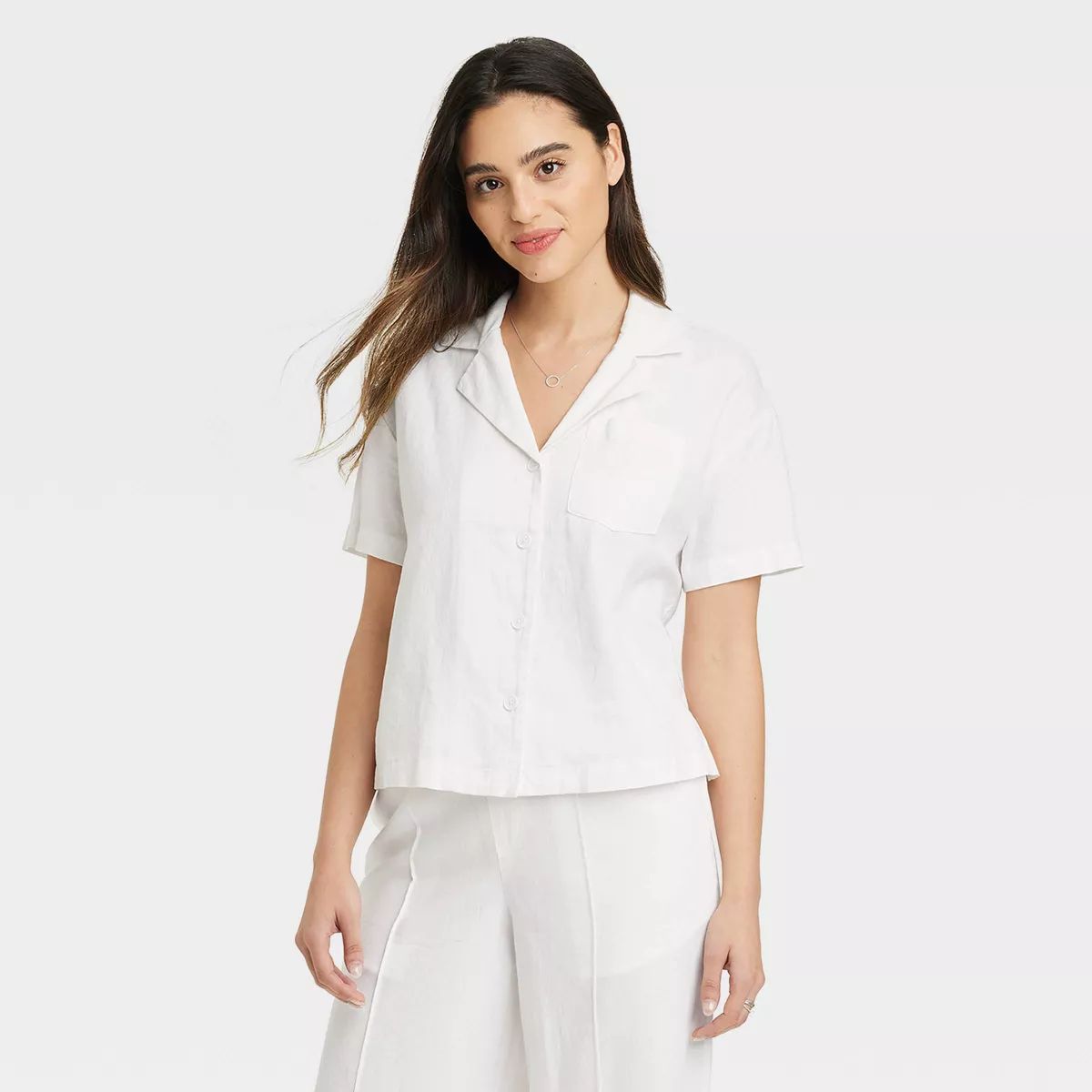 Women's Linen Short Sleeve Button-Down Camp Shirt - A New Day™ White S | Target