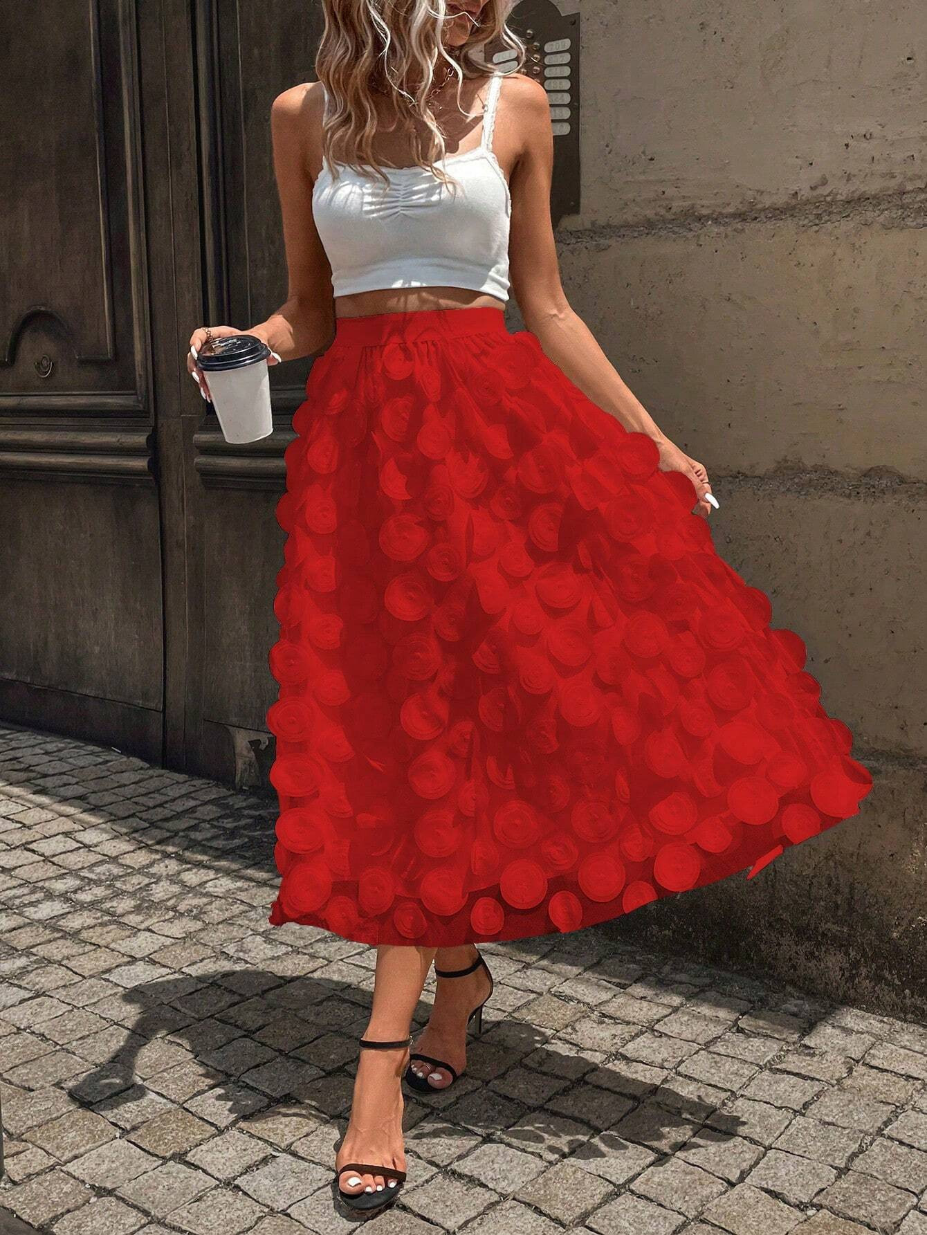 SHEIN Essnce Appliques Mesh Overlay Skirt | SHEIN