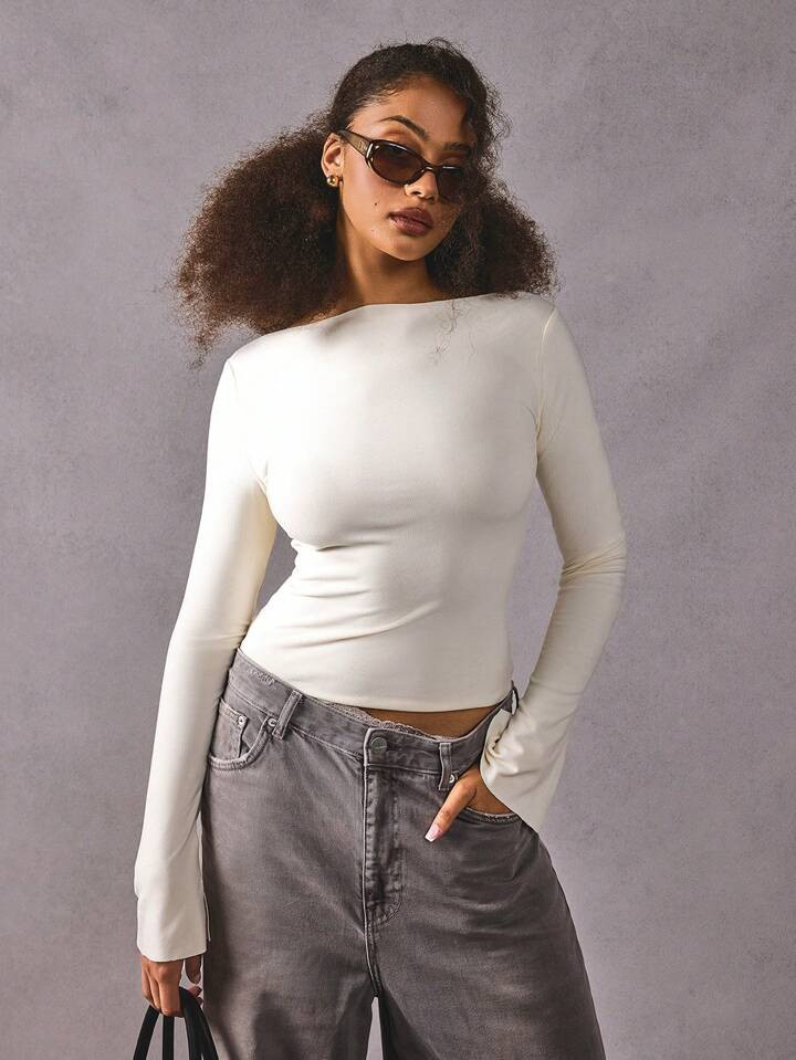 Athîral Women Casual White Solid Color Boat Neck Elegant Flared Sleeve Fitted T-Shirt Slit Cuff, Autumn/Winter Super Soft | SHEIN