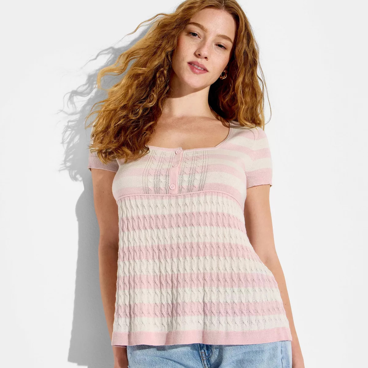 Women's Short Sleeve Babydoll Sweater - Wild Fable\u2122 Pink Striped XXS | Target
