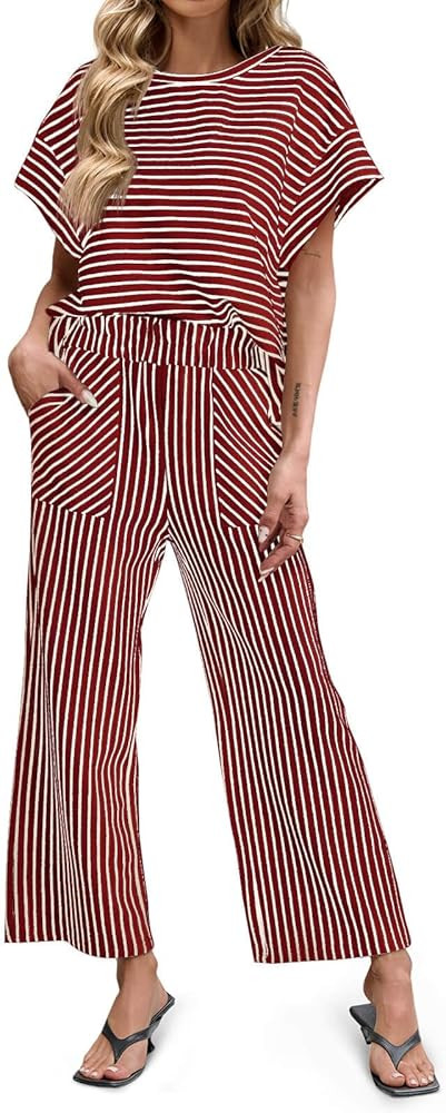 Tankaneo Womens Striped 2 Piece Sets Short Sleeve T Shirts Wide Leg Pants Matching Lounge Set wit... | Amazon (US)