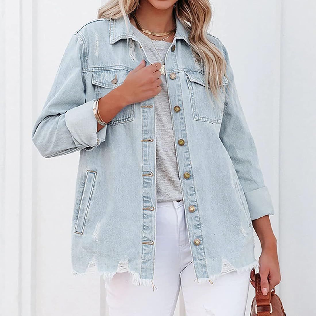 FAVIPT Womens Jean Jacket Oversized Boyfriend Ripped Holes Frayed Raw Hem Distressed Denim Jacket Ca | Amazon (CA)