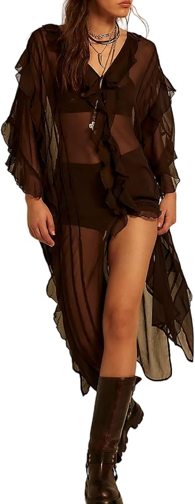 NUFIWI Women Frill Sheer Kimono Half Sleeve Ruffle Top See Through Flowy Blouse Shirt Side Split ... | Amazon (US)