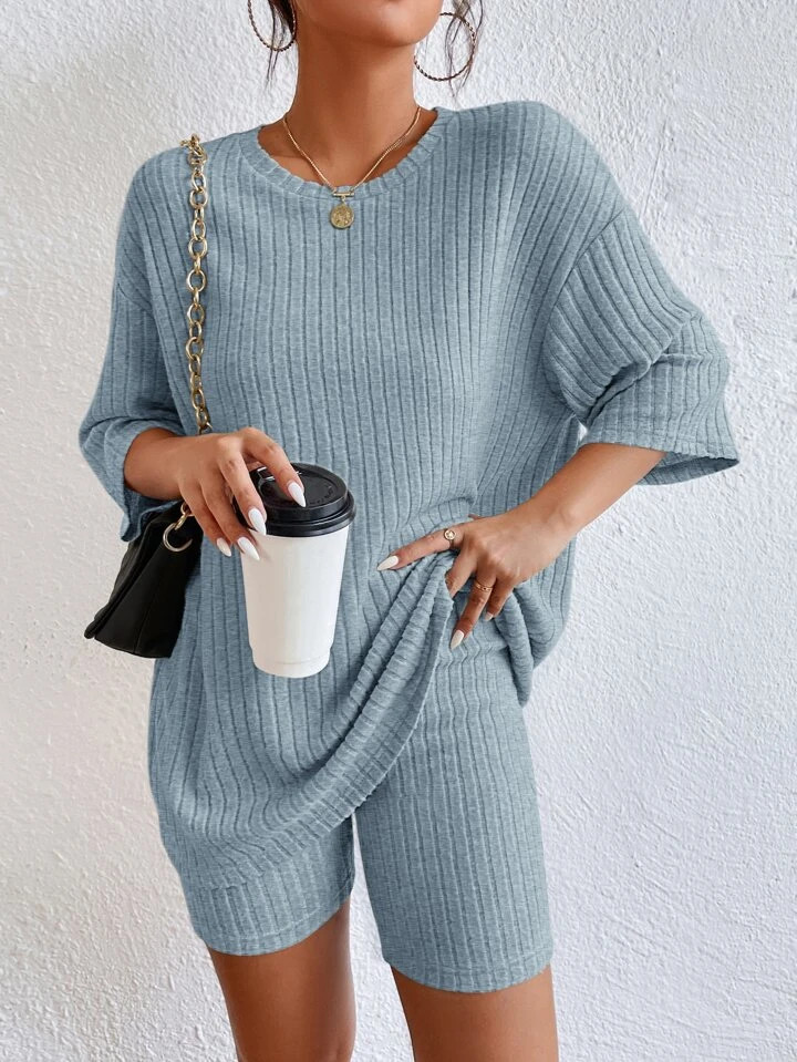 SHEIN Essnce Drop Shoulder Ribbed Knit Tee & Biker Shorts | SHEIN