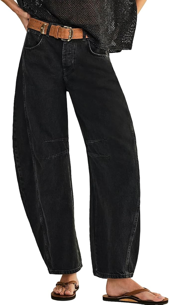 Women's Baggy Wide Leg Jeans Barrel Horseshoe Boyfriend Cropped Raw Hem Denim Pants Trendy Vintag... | Amazon (US)