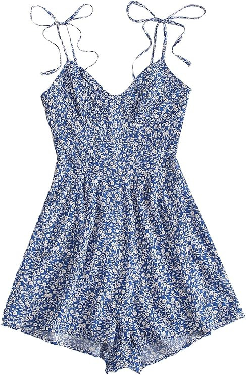 SheIn Women's V Neck Tropical Print Elastic Waist Tulip Hem Cami Romper | Amazon (US)
