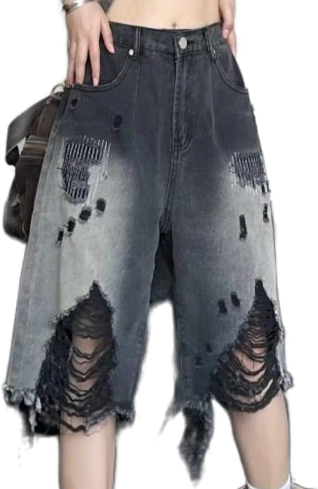 Women's Knee Length Y2k Baggy Denim Shorts Distressed Ripped Straight Wide Leg Jean Bermuda Short... | Amazon (US)