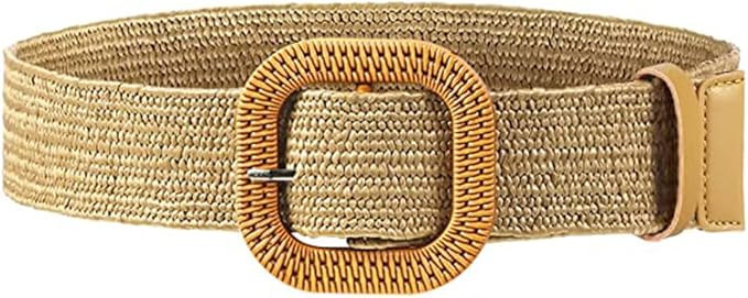 YUCFOREN Women Skinny Dress Belt, Fashion Straw Woven Elastic Stretch Waist Band Wood Buckle Belt | Amazon (US)