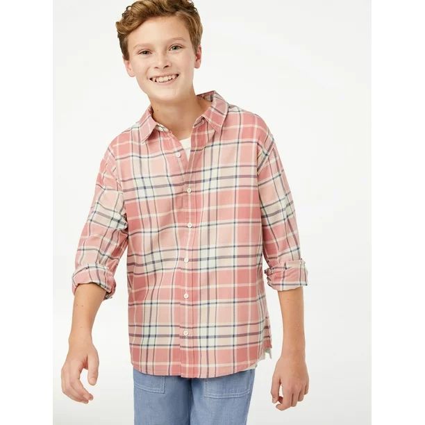 Free Assembly Boys Woven Button Down Plaid Shirt, Sizes 4-18 - Walmart.com | Walmart (US)