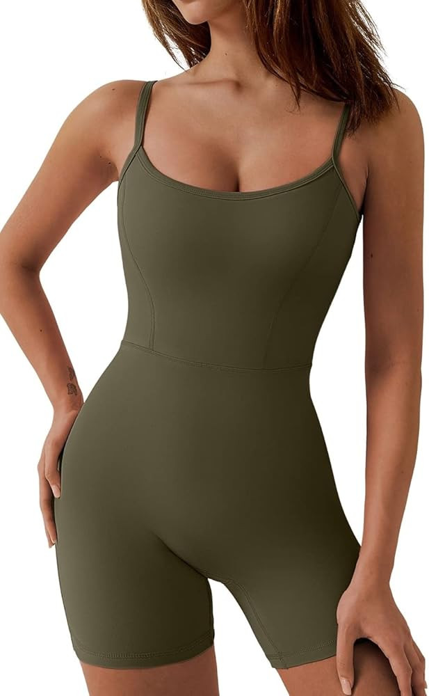 QINSEN Womens Sexy Spaghetti Strap Bodycon Stretch Jumpsuit U Neck One Piece Short Romper | Amazon (US)