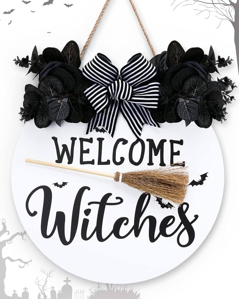 Christmas Witches Door Sign Welcome Wooden Wreath for Front Door Broomstick Bat Hanger with A Min... | Amazon (US)