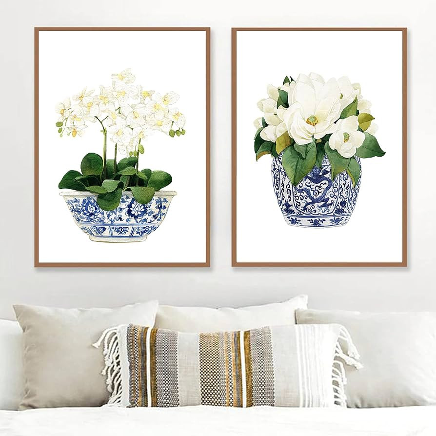 White Orchid & Magnolia Watercolor Chinoiserie Decor Canvas Print Oriental Vase Blue White Willow... | Amazon (US)
