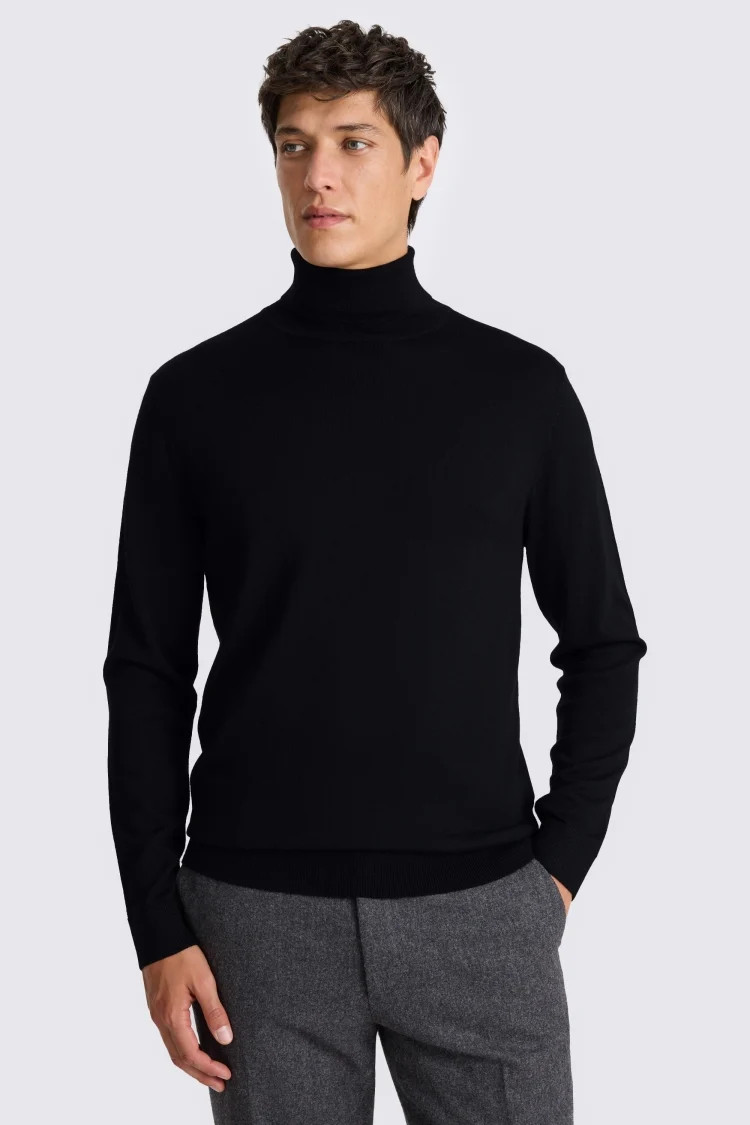 Black Merino Roll-Neck Jumper | Moss Bros Retail