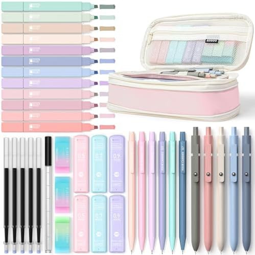 Four Candies 39 PCS Aesthetic School Supplies with Cute Pen Case, 12 Pastel Highlighters, 5 Black... | Amazon (US)