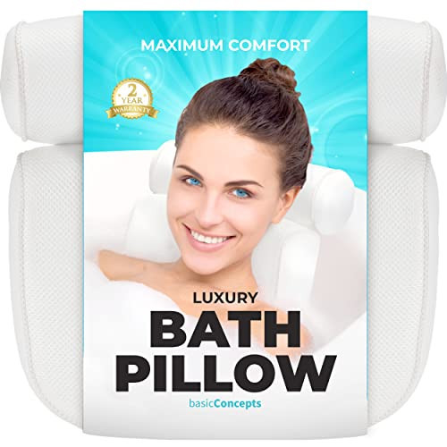 BASIC CONCEPTS Bathtub Pillow for Neck and Back Support with Drying Hook, Bathtub Pillow Machine Headrest for Soaking & Straight Back Tubs - Bath Accessories, Machine Washable, 6 Suction Cups | Amazon (US)