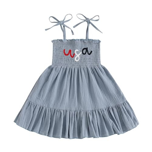 JLKGICF 4th of July Toddler Girl Outfit USA Embroidery Smocked Dress Strap Sleeveless Ruffle Dresses Fourth of July Clothes (USA Smocked Dress Blue, 4-5 Years) | Amazon (US)