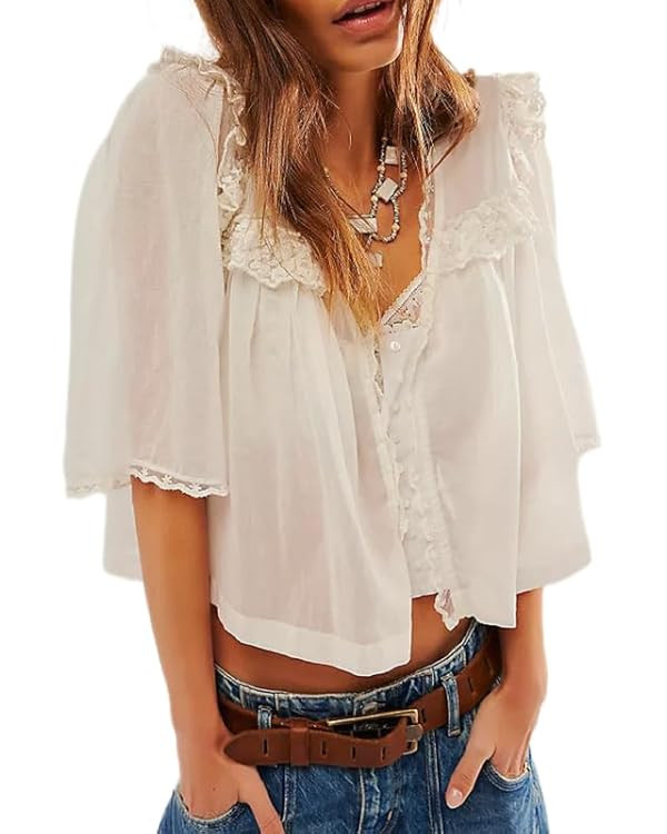 Women Y2K See Through Peplum Shirt Ruffle Lace Trim Buttons Tops Short Sleeve Doll Collar Babydol... | Amazon (US)