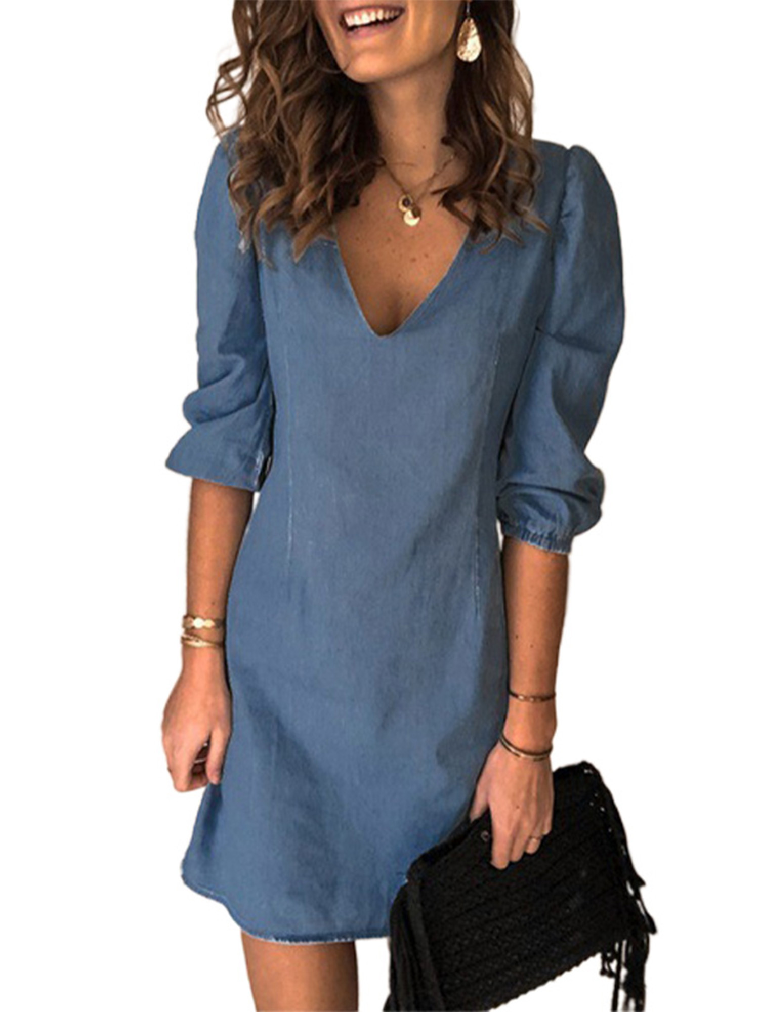 Sexy Dance Women Denim Dress Casual Short Sleeve Casual Dress Plain Jeans Dress | Walmart (US)