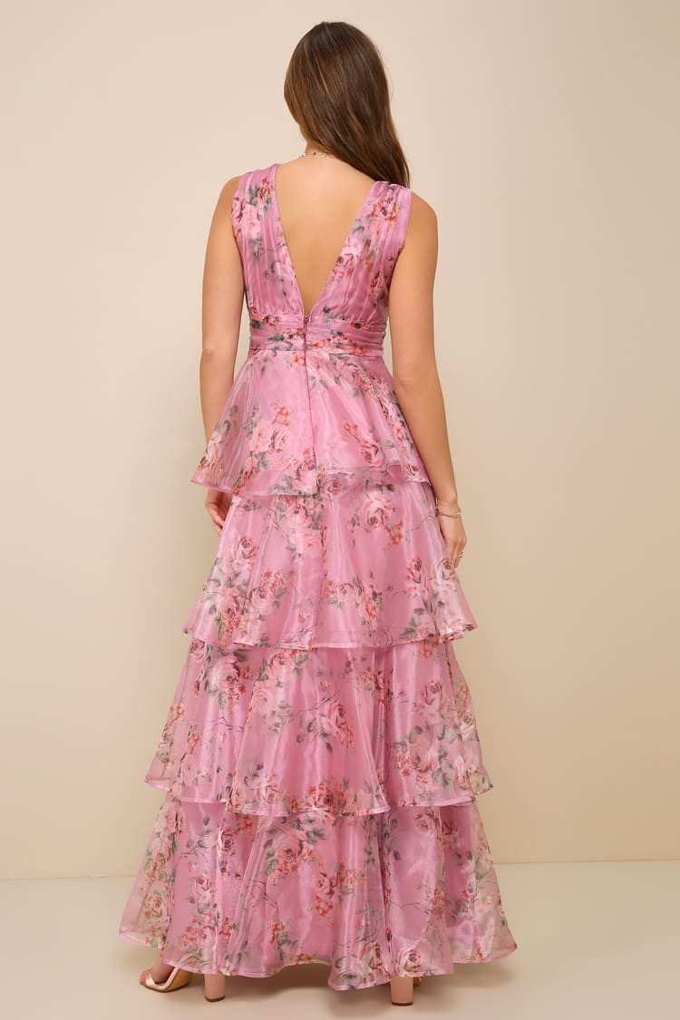 Garden Radiance Pink Floral Print Organza Tiered Maxi Dress | Lulus