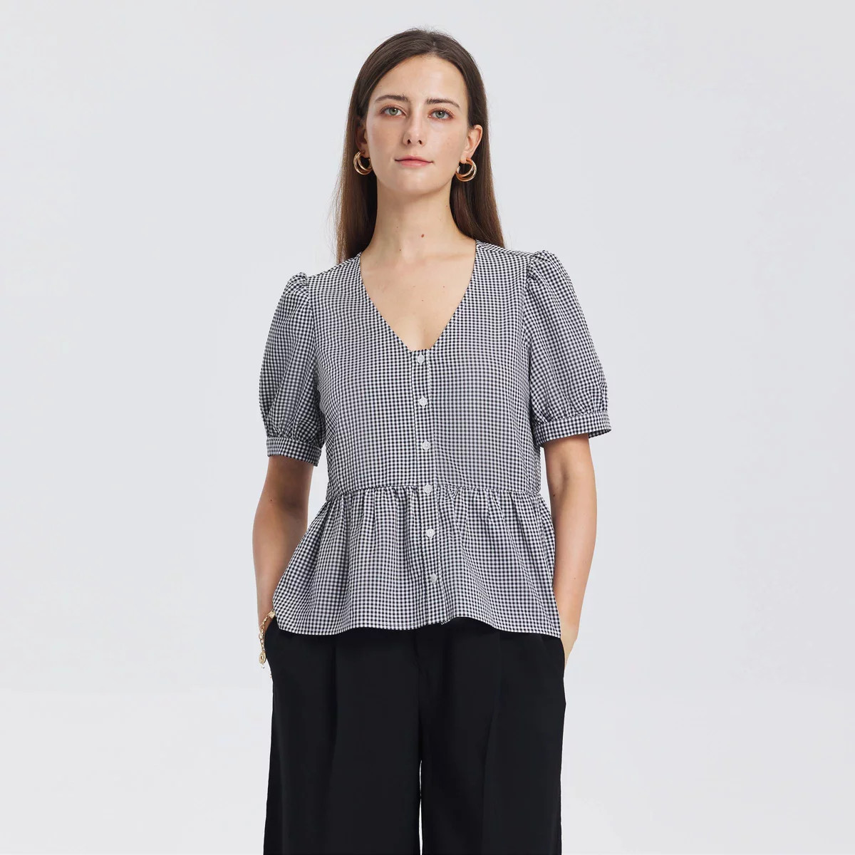Women's Puff Elbow Sleeve V-Neck Peplum Top - A New Day™ Black Gingham Check XL | Target