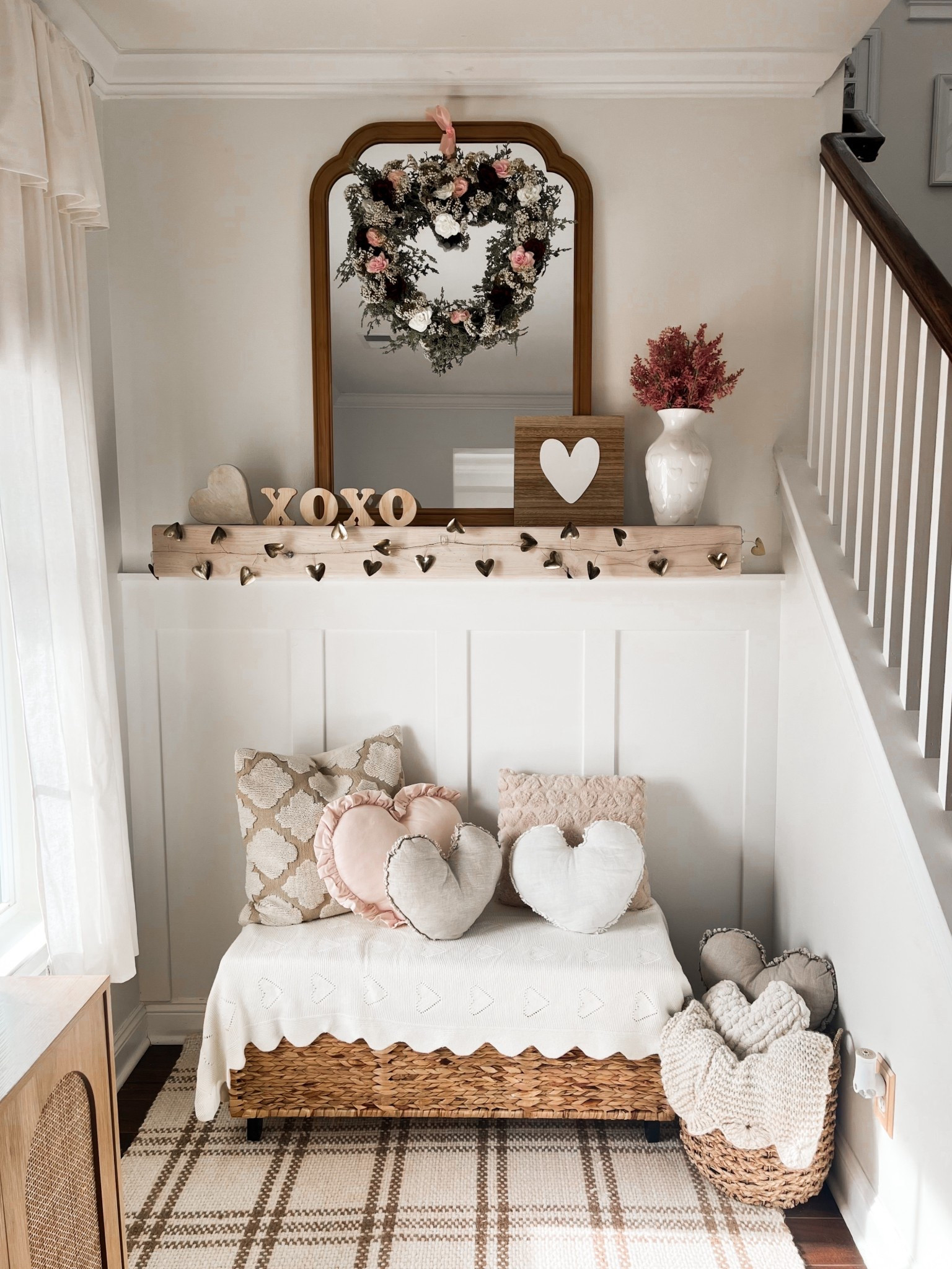 Neutral linen heart pillows
Ruffle heart pillow
Gold heard wired heart garland
Heart wreath 
White heart vase 
Heart print pillow case
White heart print throw blanketts