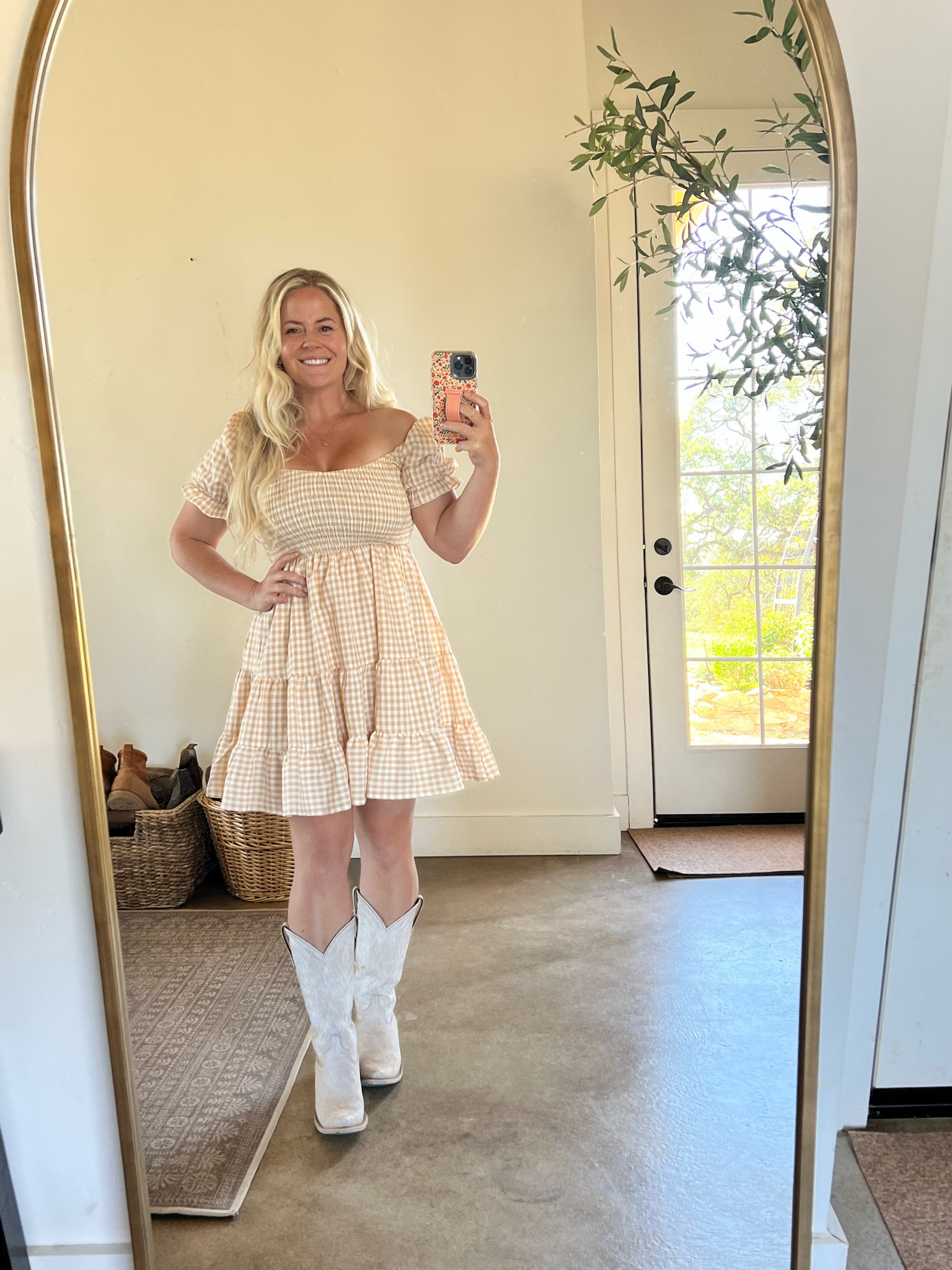 Perfect transition to fall outfit. Size medium. Love the checkered tan dress with puff sleeves & white leather boots 

#LTKstyletip #LTKunder50 #LTKSeasonal